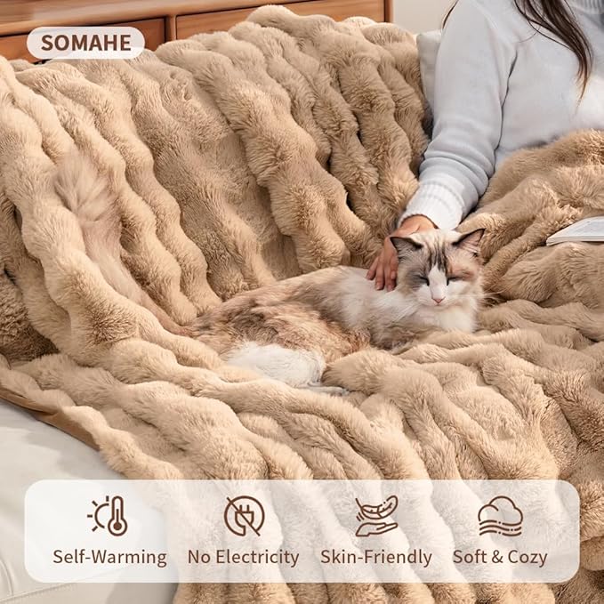 Self-Warming Cat Blanket for Indoor Cats & Small Dogs, Dual-Side Sherpa Plush Throw, Anti-Static Shared Couch Mat for Crate & Travel, Machine Washable No Shrink, 28x22 Inch Coffee