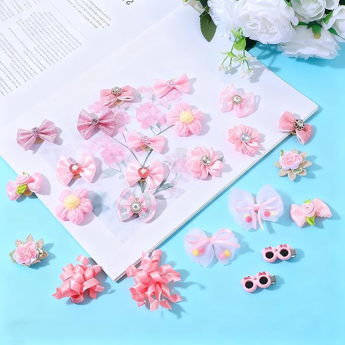 20Pcs Light Pink Small Dog Hair Bows, Cute Puppy Dog Bowknot Hair Bow Bulk with Rubber Bands, Mix Color Cute Grooming Flower Ball Bowknot Top Knot for Holiday Daily Yorkie Dogs Accessories
