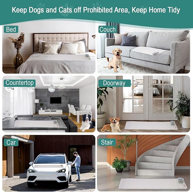 SEERWAY 2-Pieces Pet Shock Mat for Dogs & Cats - Keep Pets Off Couch, Bed, Kitchen Counter with 3 Training Modes, Waterproof & Adjustable Deterrent Mat