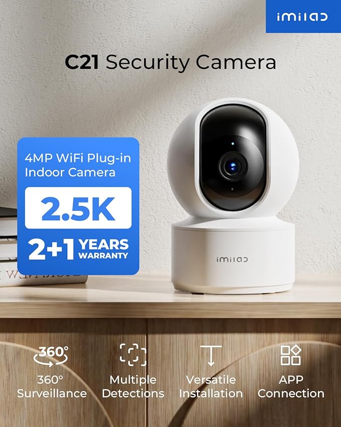 IMILAB C21 2 Pack 2.5K Security Camera Indoor, Room Camera for Bedroom 360° View, Pet Cam w/Phone App & Speaker, Indoor Cam for Dog/Kid/Baby/Elderly, Plug-in, 2.4GHz WiFi, Local/Cloud Storage