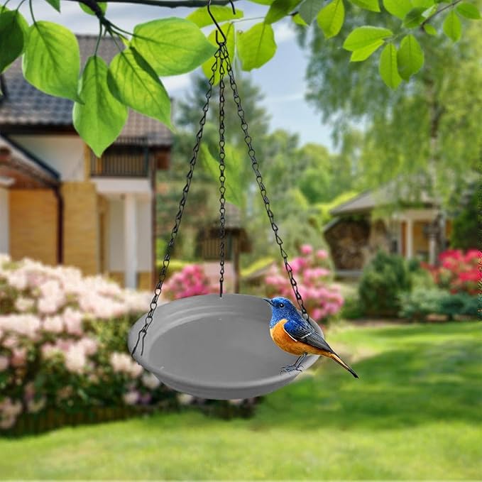 Hanging Bird Feeder and Waterer Tray Water Feeding Bowl Garden Decor with Chains Sturdy Birds Water Station for Backyard Yard, Grey