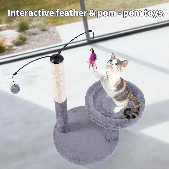 24" Scratching Post, Interactive Cat Scratcher, with Perch & Plush Toy, Sturdy Weighted Base, Grey