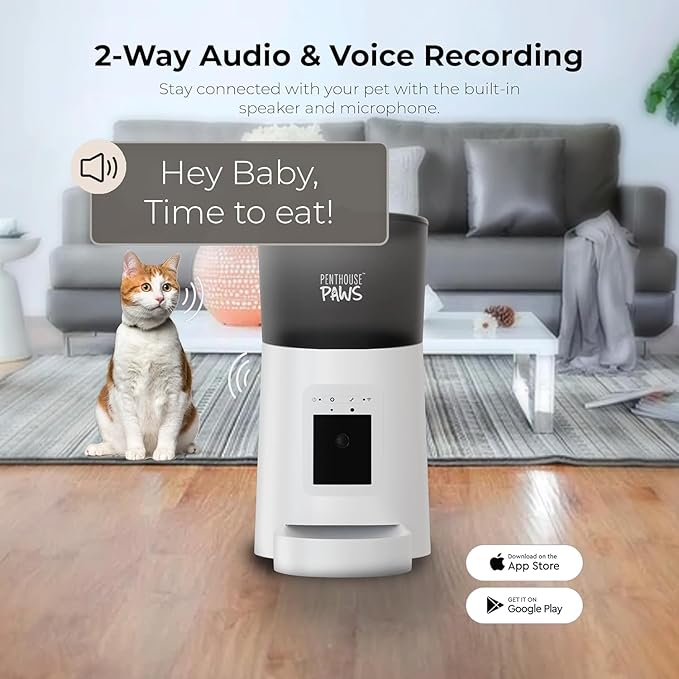 Penthouse Paws Smart HD Automatic Pet Feeder, 6L Dry Food Capacity, 1080p Camera, 2-Way Audio, Scheduled Meals, Backup Power, Easy to Clean, Anti-Jam Design for Cat & Dog, White