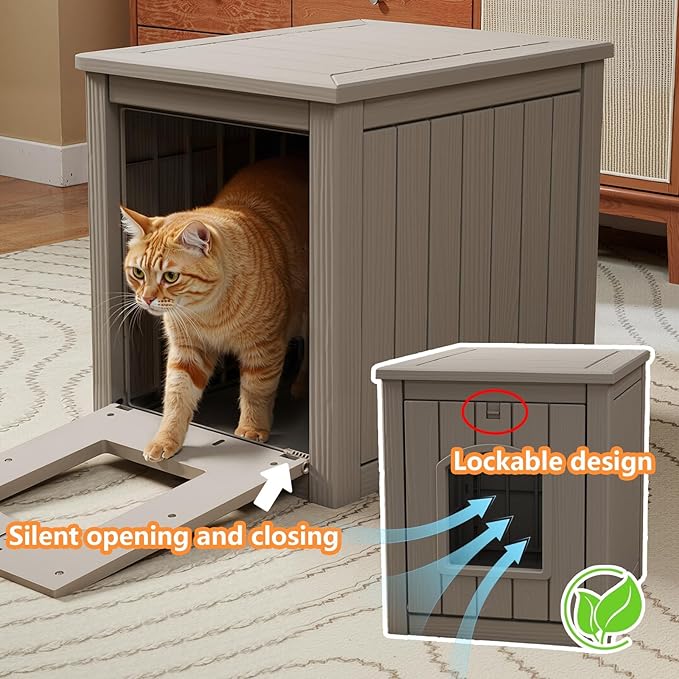 Cat Litter Box Enclosure, Waterproof Resin Hidden Litter Box Furniture Side Table with Openable Front Door for Small Pets, Indoor & Outdoor Use (Grey)