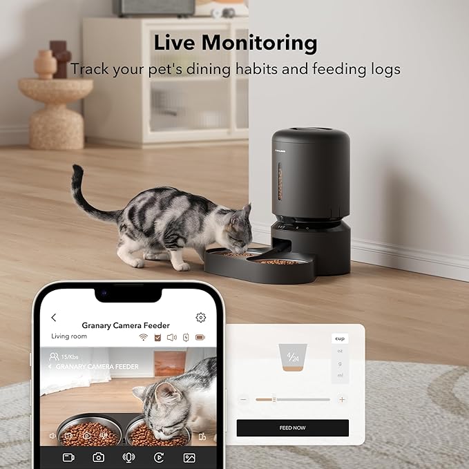 PETLIBRO Automatic Cat Feeder with Camera for Two Cats,1080P HD Video with Night Vision,5G WiFi Pet Feeder-with 2-Way Audio for Cat&Dog,Low Food&Motion-&Sound Alerts,Dual Tray,Black 5L,(Pack of 4)