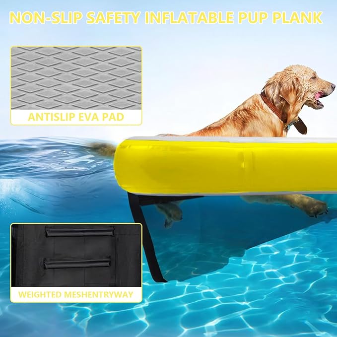 Dog Pool Ramp, Inflatable Dog Boat Ramp, Non-Slip EVA Inflatable Floating Dock Ladder for Pools Boats Docks, Safe & Easy Water Access for Large Dogs, Yellow