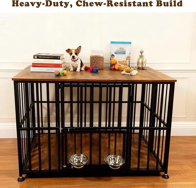 48" Dog Crate Furniture Foldable, Large Dog Kennel Furniture with Swing-Out Bowl & Dual Base Sets (Feet+Wheel), No Assembly Foldable Dog Crate Furniture, End Table for Large Dogs, Rustic Brown