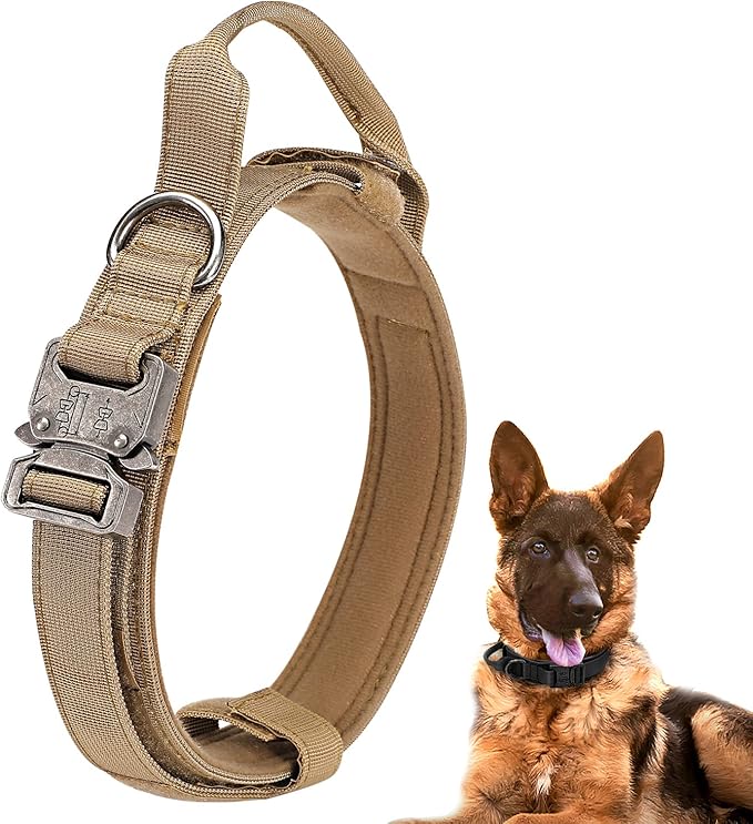 Dog Tactical Collar Military Dog Training Collar Control Handle and Heavy Metal Buckle for Medimum Large Dog Training Behavior Aids Brown M