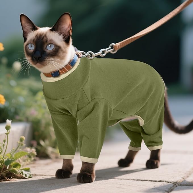 DENTRUN Cat Clothes for Hair Control with Hair Sticky Fabric - Soft Recovery Suit & Breathable Lint-Resistant Cat Sweater for Cats Only, Kitten Onesie Pajamas, M, Army Green