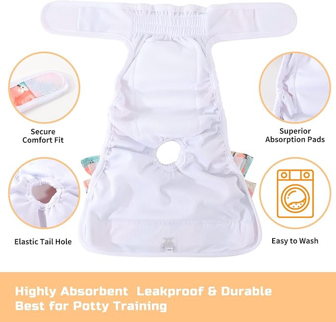 Washable Dog Diapers Female 3 Pack Reusable Highly Absorbent Doggie Diapers, Flexible Doggy Diapers Female Durable Leak-Proof Diapers for Dog Period Heat Incontinence Potty Training, Medium
