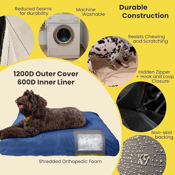 K9 Ballistics Tough Rectangle Pillow Large Dog Bed - Removable Cover, Washable, Durable & Water Resistant Dog Bed Made for Big Dogs 40"x34", Obsidian Black