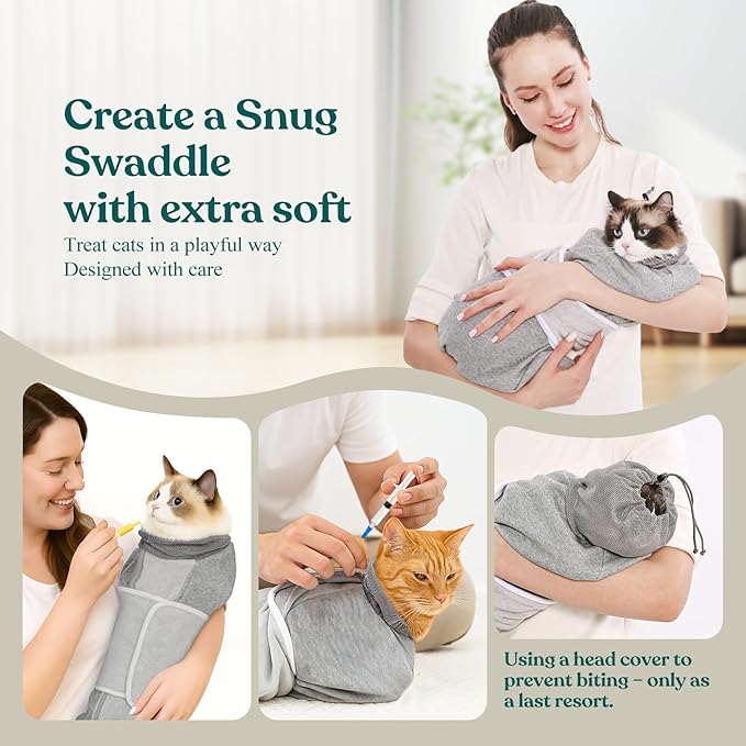 Supet Cat Grooming Wrap for Cutting Nails, Self-Adhesive Anti-Scratch Swaddle with Bite-Proof Mesh Hood & Thick Waist Strap Anti-Escape Bag for Nail Trimming, Medication, Ear Cleaning (Grey M)
