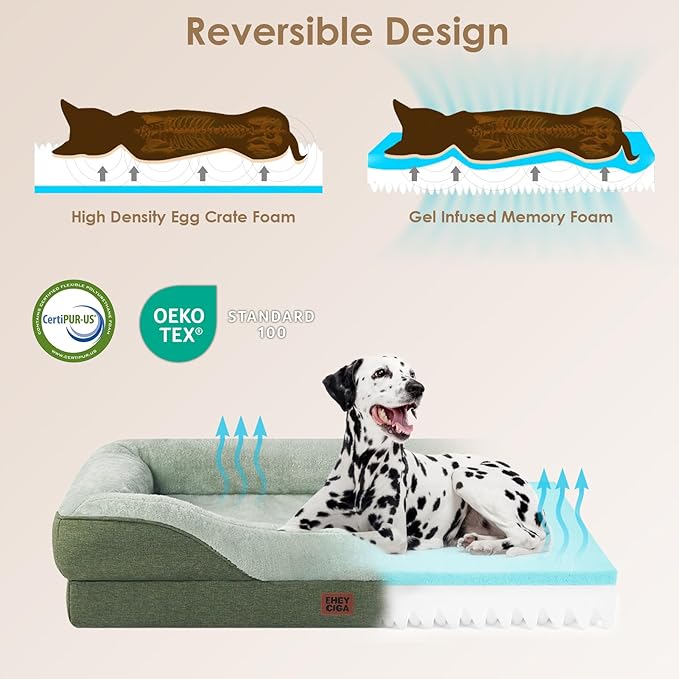 EHEYCIGA Orthopedic Dog Bed for Large Sized Dog, 36x27x7 Inch Large Memory Foam Dog Couch Bed with Sides, Waterproof Liner & Washable Removable Cover, Bolster Pet Sofa, Green