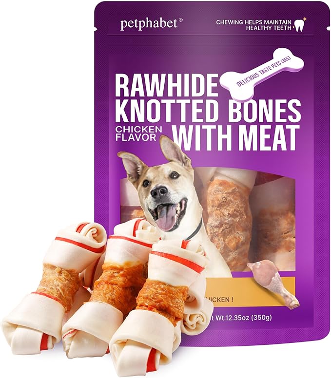 PETPHABET Chicken Wrapped Rawhide Dog Bones, 5-5.5 Inch Long Lasting Dog Chew Treats for Medium & Large Dogs, 5 Count Beefhide Dog Snacks for Training Healthy Chewing, Knotted Dog Bones High Protein