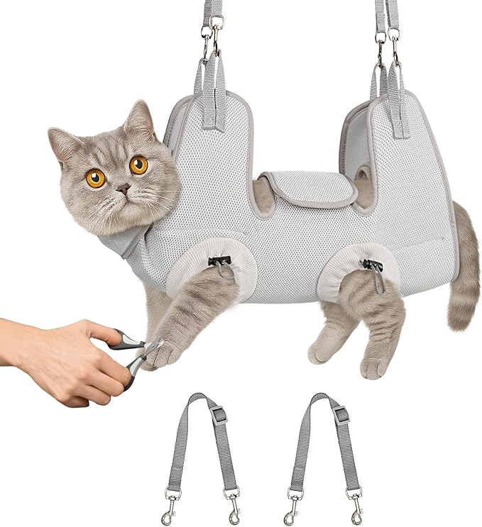 Supet Cat Grooming Hammock Harness for Nail Trimming, Cat Grooming Hanging Sling for Nail Clipping, Pet Restraint Holder for Cutting Nails, Medicine, Ear & Teeth Cleaning, Eye Care (Grey S)