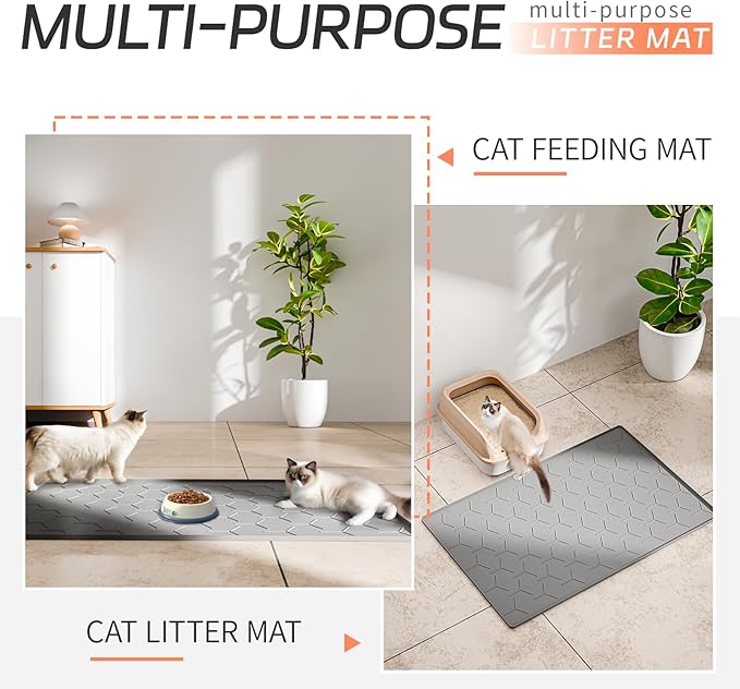 Large Silicone Cat Litter Mat, Waterproof/Urineproof, Litter Recycling, Easy to Clean, Soft on Kitty Paw (22"X34"- Grey)