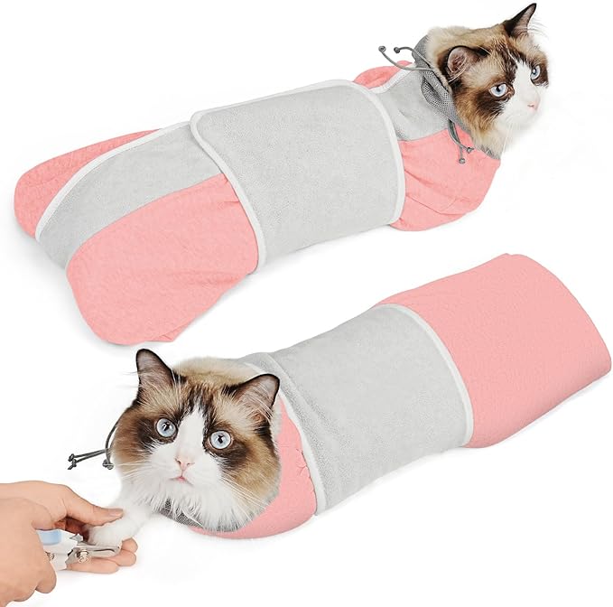 Supet Cat Grooming Wrap for Cutting Nails, Self-Adhesive Anti-Scratch Swaddle with Bite-Proof Mesh Hood & Thick Waist Strap Anti-Escape Bag for Nail Trimming, Medication, Ear Cleaning (Pink S)