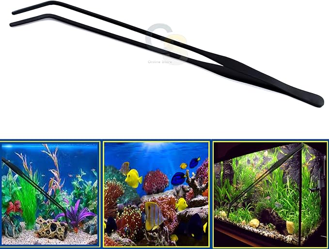 12 Inch Black Curved Aquarium Tweezers Stainless Steel Curved Tweezer with Carbonation Protection Coating Against Rust Long Reptiles Feeding Tongs for Aquatic Plants Lizards Spider Snakes