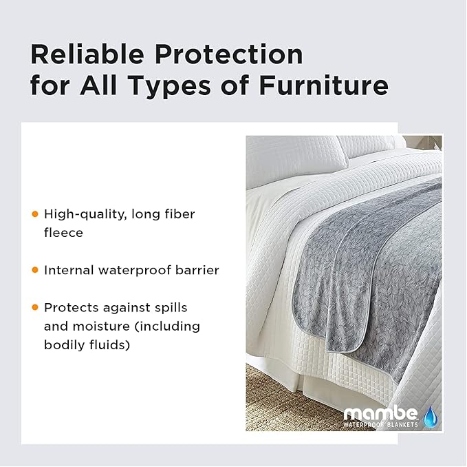 Mambe Silky Waterproof Throw for Protecting Furniture Bed Couch from Stains Caused by Dogs, Cats, Incontinence. Soft, Washable, Reversible. (Size Large 70x90 inches, Color Serene)