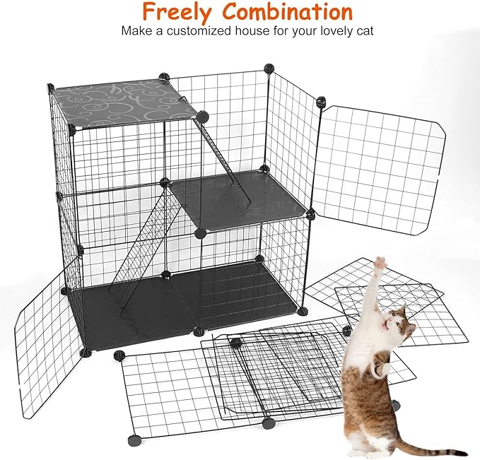 Large 3-Tier Cat Cage, Indoor Cat Enclosures Pliable DIY Cat Playpen, Detachable Metal Wire Kennels Cat Crate Box House with 3 Doors 2 Ramp Ladders for 1-2 Cats, Black - 28.2" x 14.0" x 42.1"