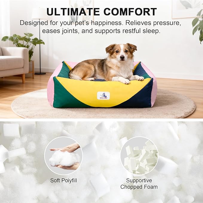 Washable Rectangle Dog Bed with Removable Cover, Color-Block Gingham Cotton Pet Sofa, Breathable Scratch Resistant Dog Bed, Medium