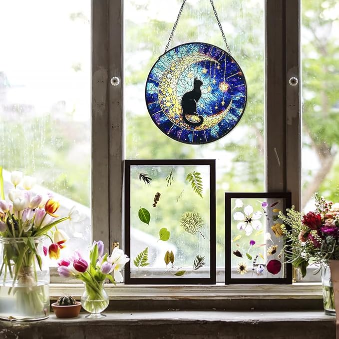 Midnight Black Cat on Moon Stained Glass Suncatcher - Celestial Window Hanging Decor for Feline Lovers, Heartfelt Pet Loss Memorial Gift, Unique Sympathy Decor for Grieving Cat Owners
