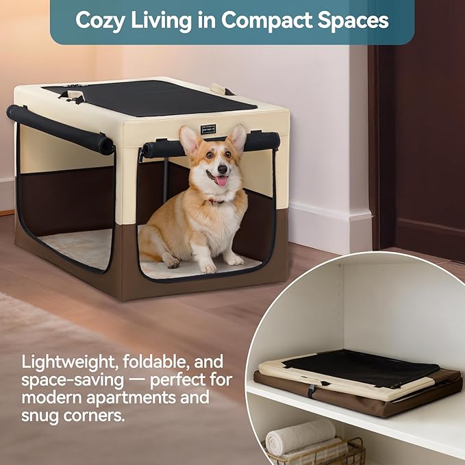 PETSFIT Portable Dog Crate for Medium Large Dogs, – 36" Soft Dog Travel Crates with Lockable Zippers & Thicken Mat, Adjustable Patented Spiral Steel Frame, Collapsible Kennel for Indoor & Outdoor