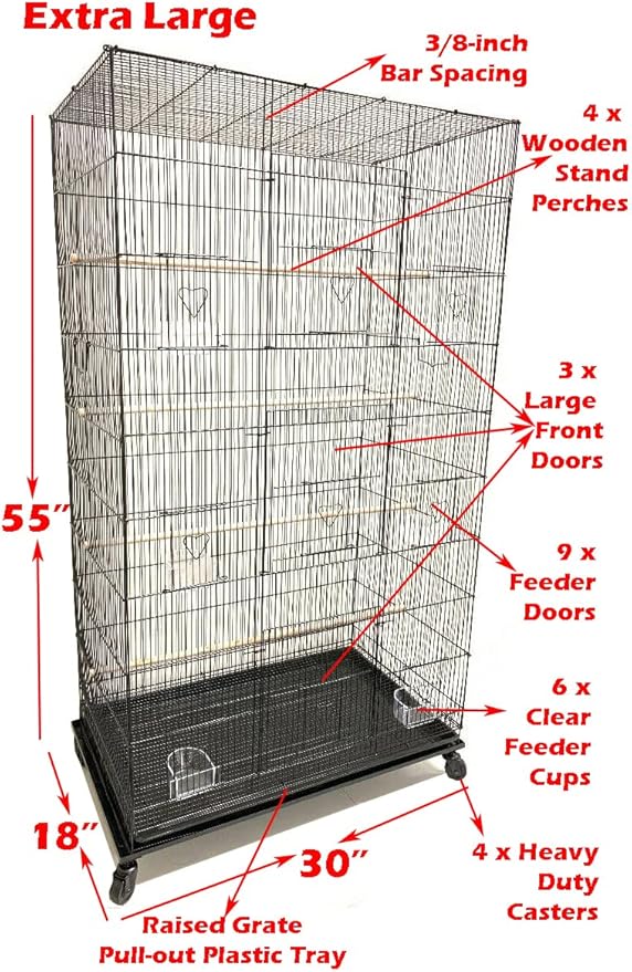 55" X-Large 3/8-Inch Tight Bar Spacing Multiple Flight Bird for Small Size Aviary Budgie Canary Finch Breeding Cage with Removable Rolling Stand