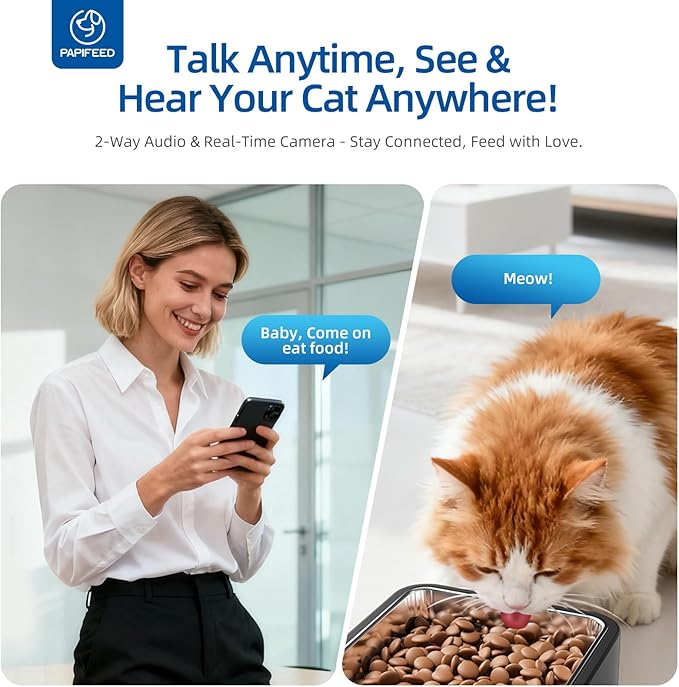 PAPIFEED Automatic Cat Feeder 6L 2.4G WiFi Smart Pet Feeder with Camera & Two-Way Audio, Adjustable Angle, Easy to Clean Detachable Feeding Schedule 1-10 Meals Per Day for Cats & Small Dogs - Black
