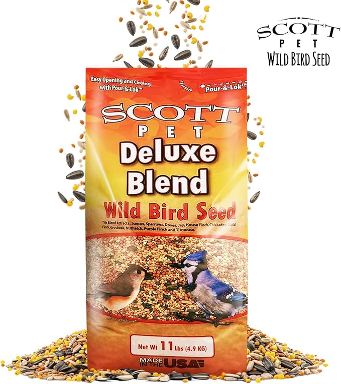 Scott Pet Wild Bird Seed, Deluxe Blend, 11 lbs Bag, No Dust, No Corn Mix, Feed, Great for All Feeder Types, Food for Outside Wild Birds