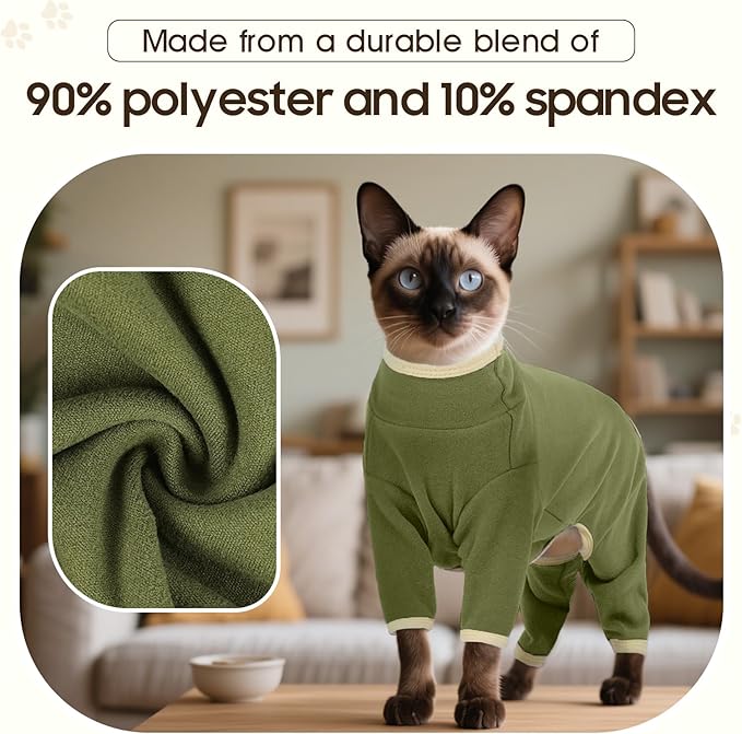 DENTRUN Cat Clothes for Hair Control with Hair Sticky Fabric - Soft Recovery Suit & Breathable Lint-Resistant Cat Sweater for Cats Only, Kitten Onesie Pajamas, XXL, Army Green