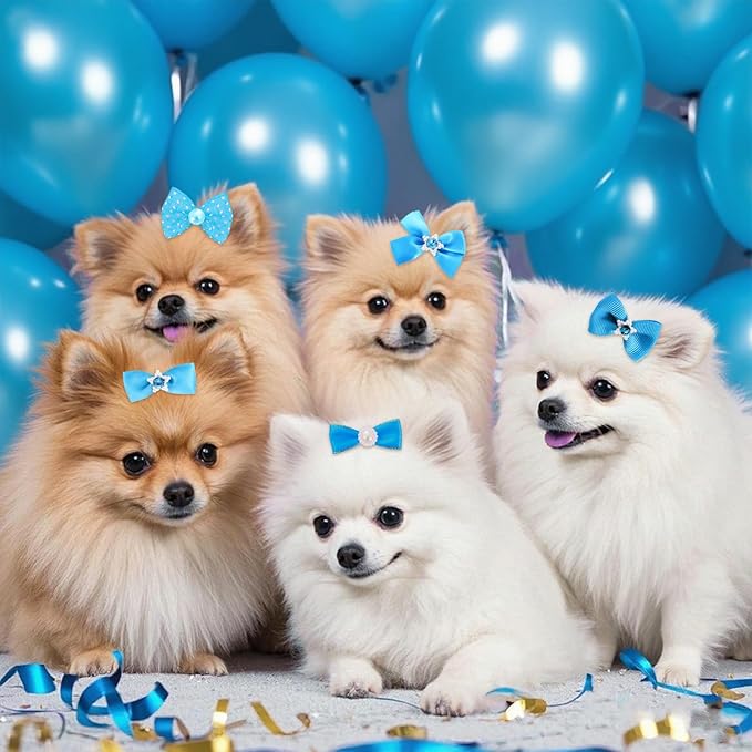 20 PCS Cute Dog Hair Bows with Rubber Bands Elastic Handmade Mix Style Lace Rhinestone Pearls for Furry Puppy Cat Pet Girl, Sky Blue