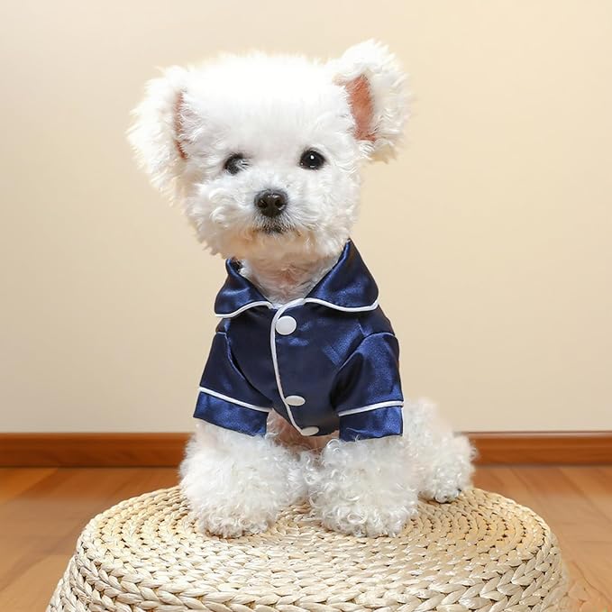 Cat Puppy Costume Elegant Satin Pajamas with Bow Headband 2PCs Set Pet Sleepwear Cute Pet Outfit Cosplay Partywear Photoshoots (Blue Set,Medium)