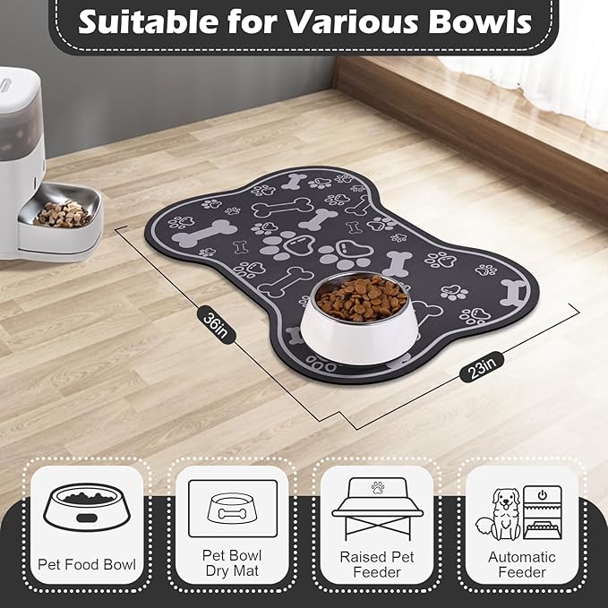 Dog Cat Food Mat,Rapid Absorbent Pet Feeding Mat, Bone Shaped Dog Placemat Water Bowl Mat with Rubber Backing,No Stains Dog Cat Food Mats Indoor, Pet Accessories Supplies 23"x36" Dark Grey