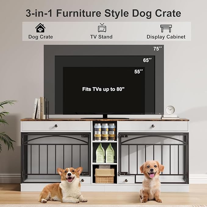 GAOMON Dog Crate Furniture for 2 Dogs, 78.7'' Large Dog Kennel Indoor with 2 Storage Drawers, 3 Shelves and Feeding Bowls, Double Dog Crate TV Stand for Small and Medium Dogs, White