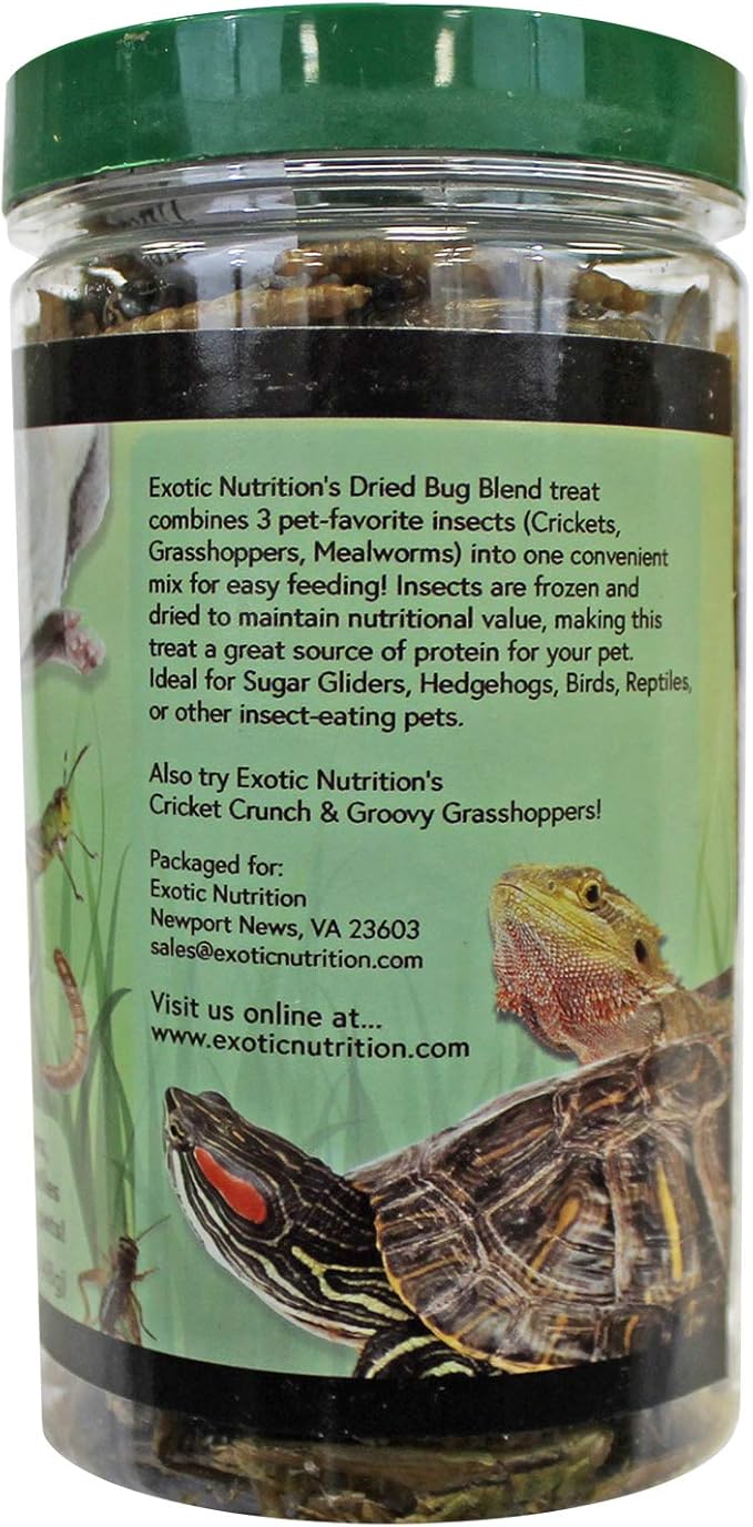 Bug Blend - Healthy High-Protein Dried Insect Treat - Crickets, Mealworms, Grasshoppers - Sugar Gliders, Hedgehogs, Squirrels, Chickens, Skunks, Opossums, Marmosets, Parrots, Birds (3.4 oz.)