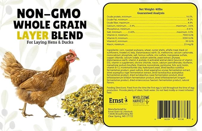 Non-GMO Whole Grain Layer Blend 16% - Chicken Feed for Laying Hens and Ducks - Includes Essential Oils, Herbs, Oyster Shells, Vital Minerals, and Omega 3, 10lb