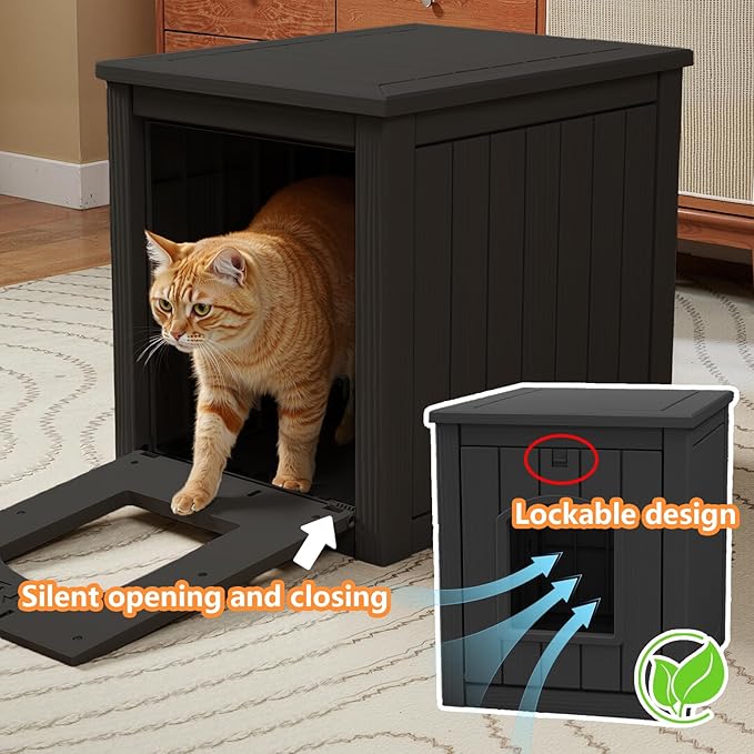 Resin Cat Litter Box Enclosure - Indoor Hidden Waterproof Furniture, Hidden Pet Box，Side Table(Black