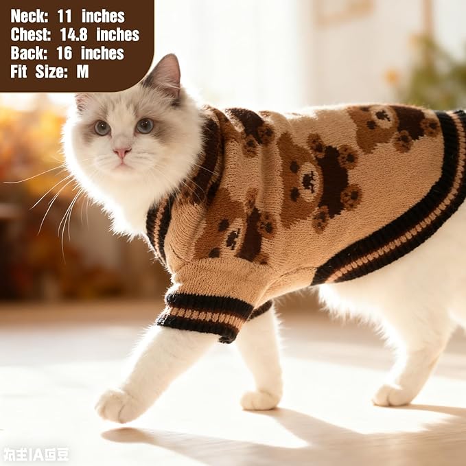 EXPAWLORER Cat Sweater Cardigan - Stylish Knit Cat Clothes, Soft Puppy Sweater with Sleeve, Cute Warm Pet Clothing Knitwear, Fall Winter Kitten Coat for Girl Boy Cats, Bear Large