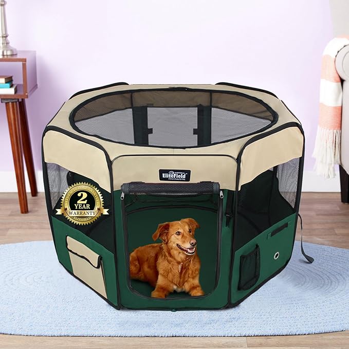 EliteField 2-Door Soft Pet Playpen (2 Year Warranty), Exercise Pen, Multiple Sizes and Colors Available for Dogs, Cats and Other Pets (62" x 62" x 36"H, Beige+Green)
