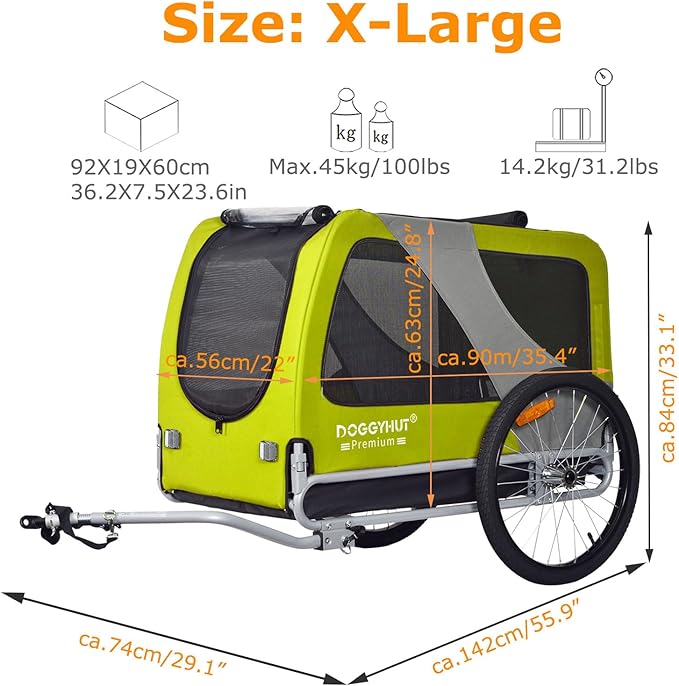DOGGYHUT® Premium XL Pet Bike Trailer for Large Dog or Multiple Small Dogs, Up to 100 lbs,Dog Bicycle Carrier,Low Center of Gravity,Easy Folding Frame Cart