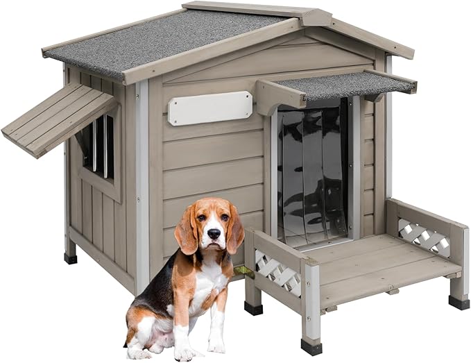 Dog House Outdoor Weatherproof & Wooden Indoor Dog Kennel with Chew-Proof Iron Frame，Removable Floor, Recreational Steps and Adjustable Window, Easy Assembly(Gray,34" L × 28" W × 28" H)