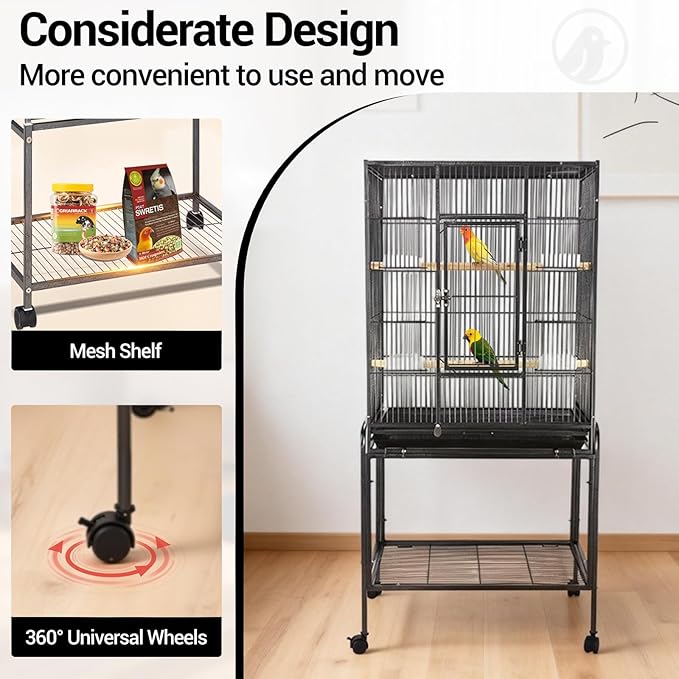 Bird Cage with Wheels, 53 Inch Bird Flight Cage, Wrought Iron Standing Large Parrot Parakeet Flight Birds Cages with Slide Out Tray Parrot Metal Parakeet Cages with Wooden Perches Black