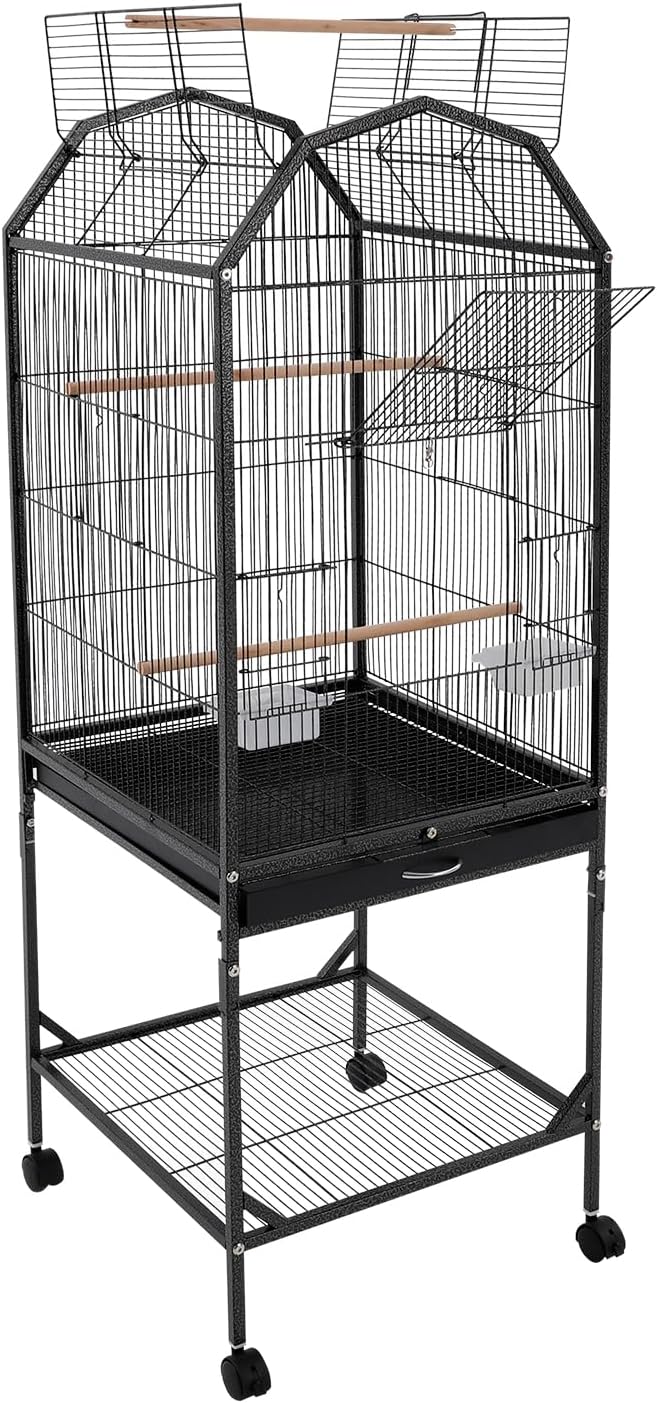 Bird Cage 53.54inch Iron Medium Small Bird Cage with Play Open Top and Rolling Stand Bird Flight Cage for Parrots, Budgerigars, Parakeets, Cockatiels, Lovebirds-Black