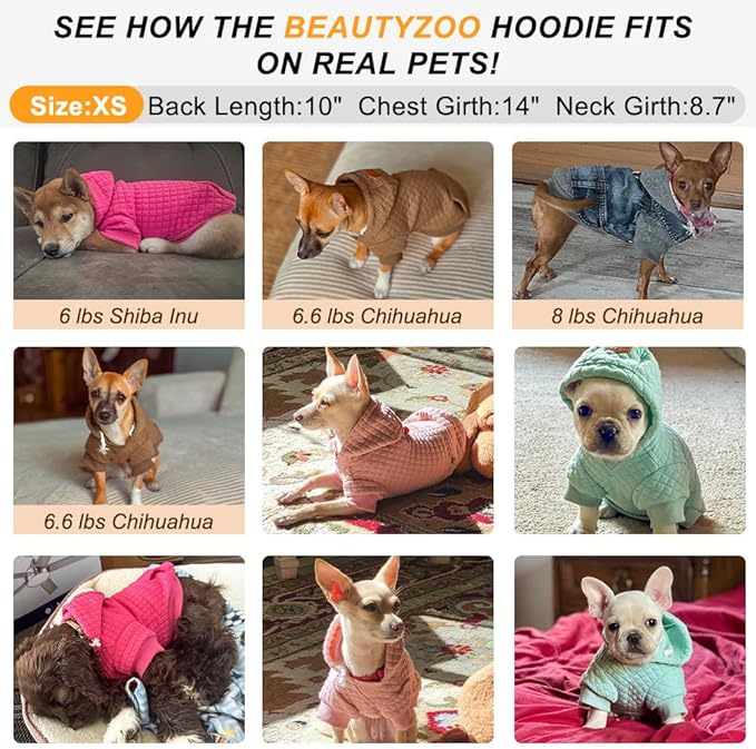 BEAUTYZOO Small Dog Hoodie Sweater with Pockets, Dog Clothes for Small Medium Dogs Boy Girl, Waffle-Like Laminated Cotton Pet Coats with Hat and Leash Hole, Orange XS