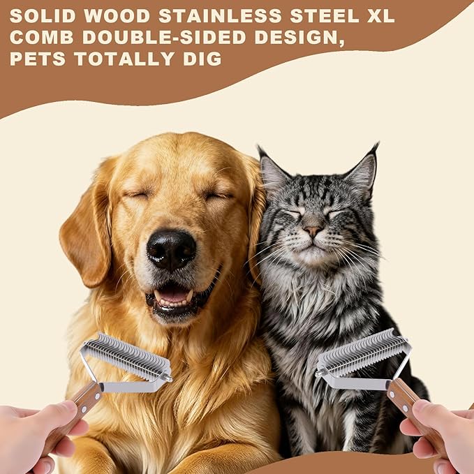 Extra Large 2-Sided Pet Hair Removal Comb | High Efficiency Cat Brush& Dog Grooming Tool | Undercoat Rake & Dematting Comb for Long Haired Dogs & Indoor Cats | Slicker Brush for Shedding & Carpet Rake