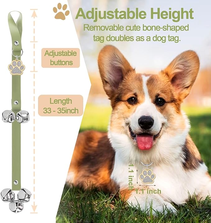 Leather Dog Bells, Puppy Potty Training Bell Dog Doorbell Potty Train Dog Bell for Potty Training Door Bells for Dogs to Ring to Go Outside Jingle Bells (Leather Green, Paw 1 PCS)