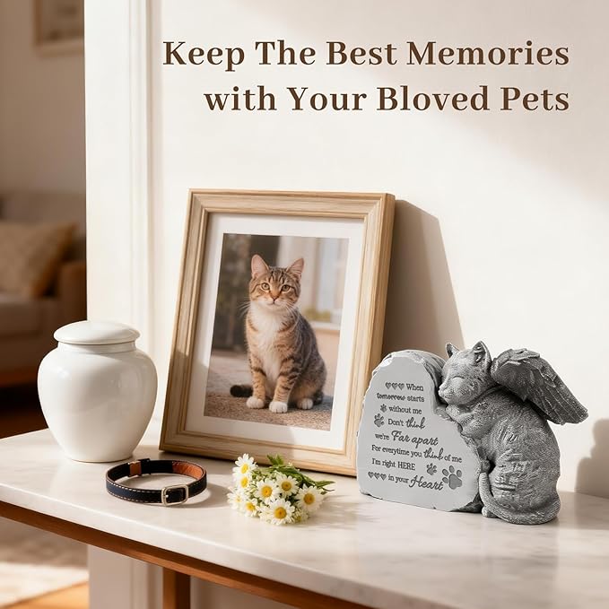 Cat Memorial Gifts for Loss of Cat, Pet Loss Sympathy Gift, Angle Cat Figurine Placed in Outdoor Garden or on Tombstone, Pet Memorial Stone