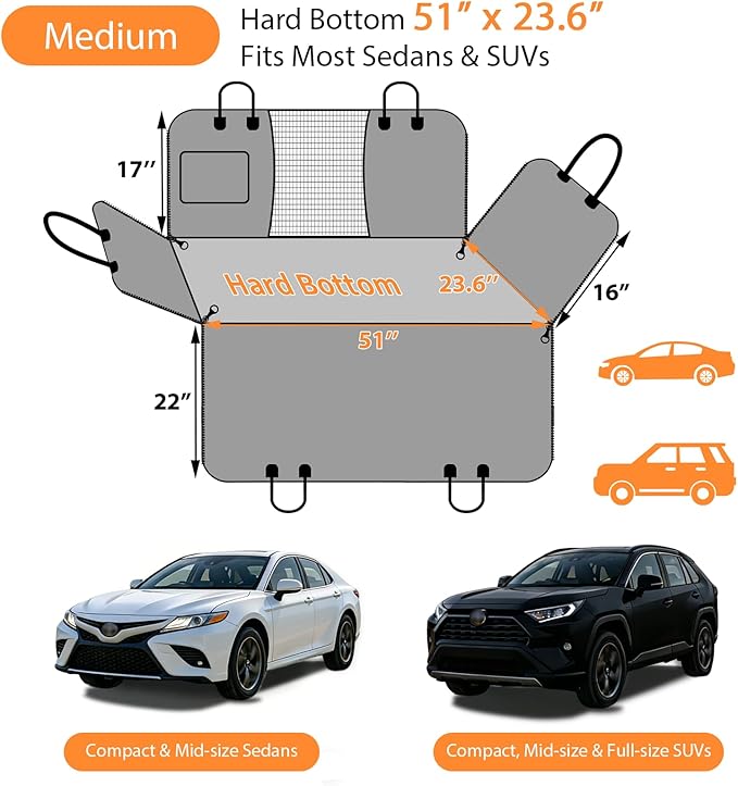 URPOWER Back Seat Extender for Dogs - Hard Bottom Dog Car Seat Cover with 1PC Leak-Proof Pee Pad, Dog Hammock for Car and SUV, Pet Rear Seat Protector Dogs Travel Bed