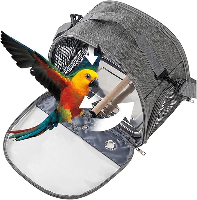 Portable Bird Cage Bird Carriers Foldable Panoramic View with Perch Removable Tray for Parrot Hamster Hedgehog Rabbit Sugar Glider (Black)